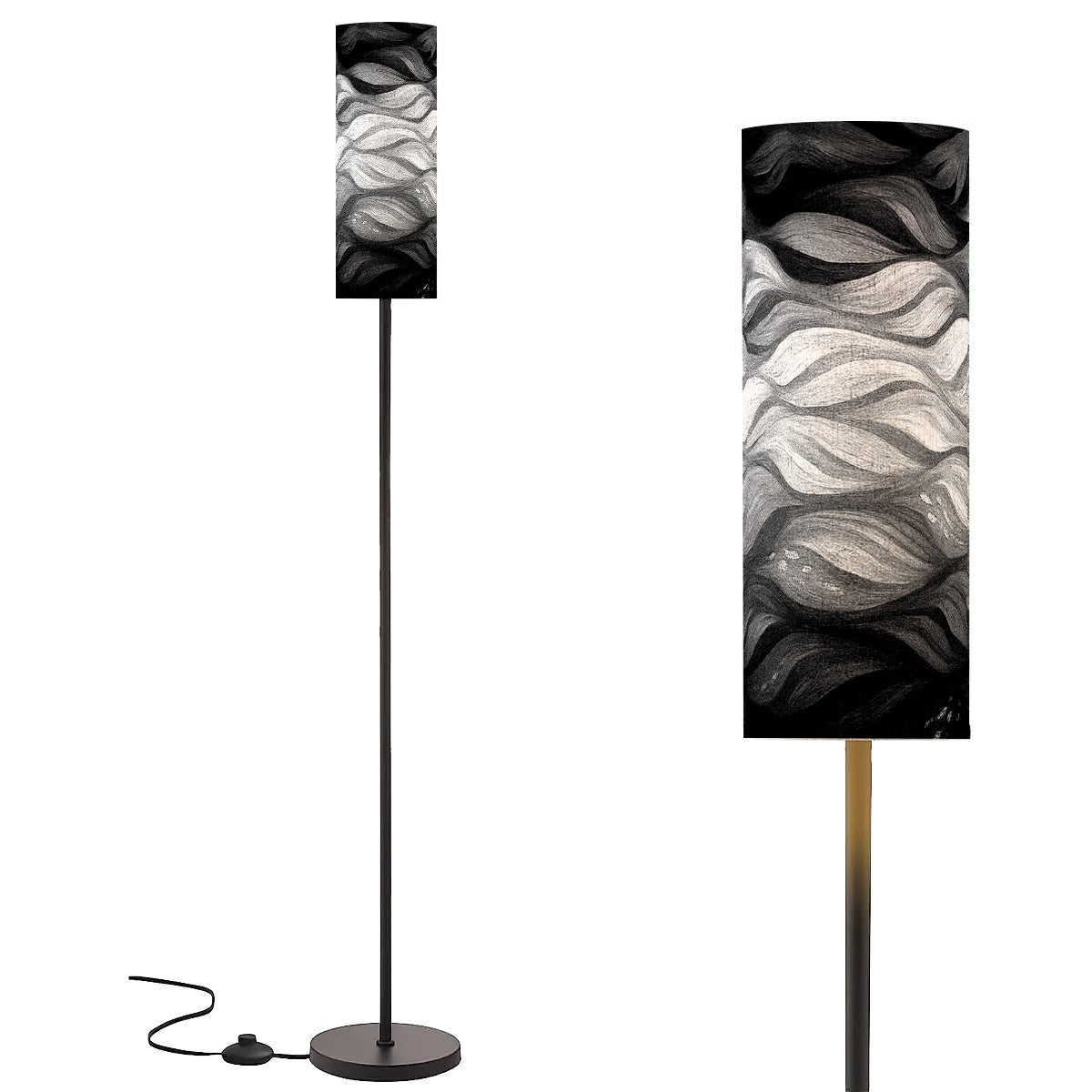 Black-and-white Gilded Amethyst Currents lamp: high-contrast monochrome waves on a linen shade above a slender black base.