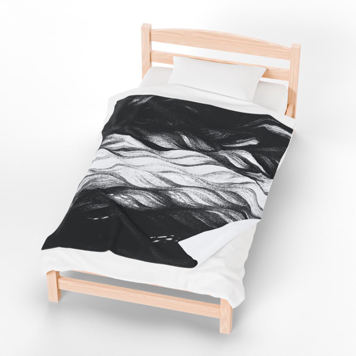 Monochrome Gilded Amethyst blanket, displaying swirling grayscale textures in a modern bedroom