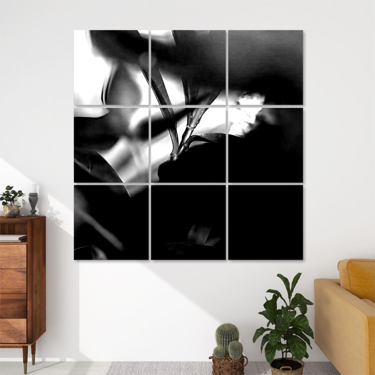 High‑contrast black and white version of abstract foliage printed on 9 sound‑absorbing panels, emphasising shape and shadow.