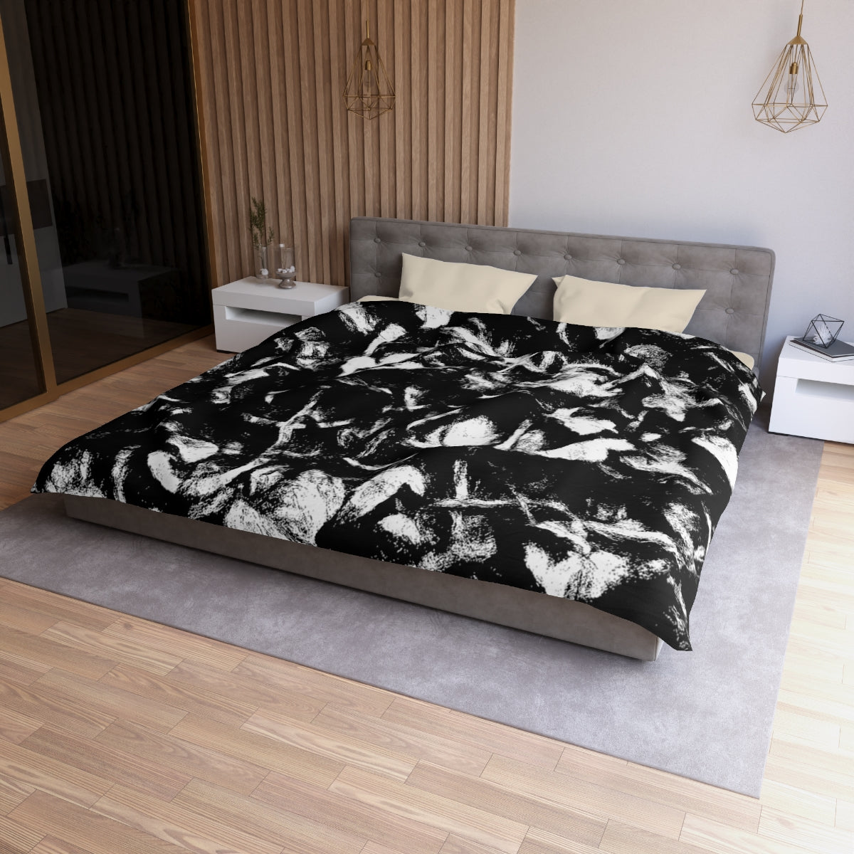 King size Black and White duvet cover with cream lining, abstract design in dramatic contrast on soft microfiber