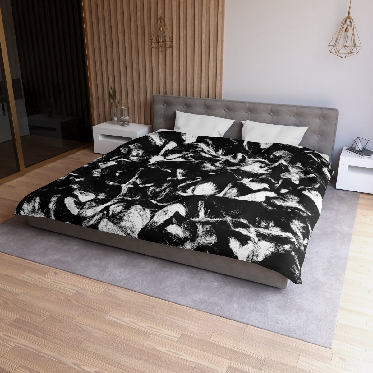 King size Black and White duvet cover with white lining, abstract design in dramatic contrast on soft microfiber