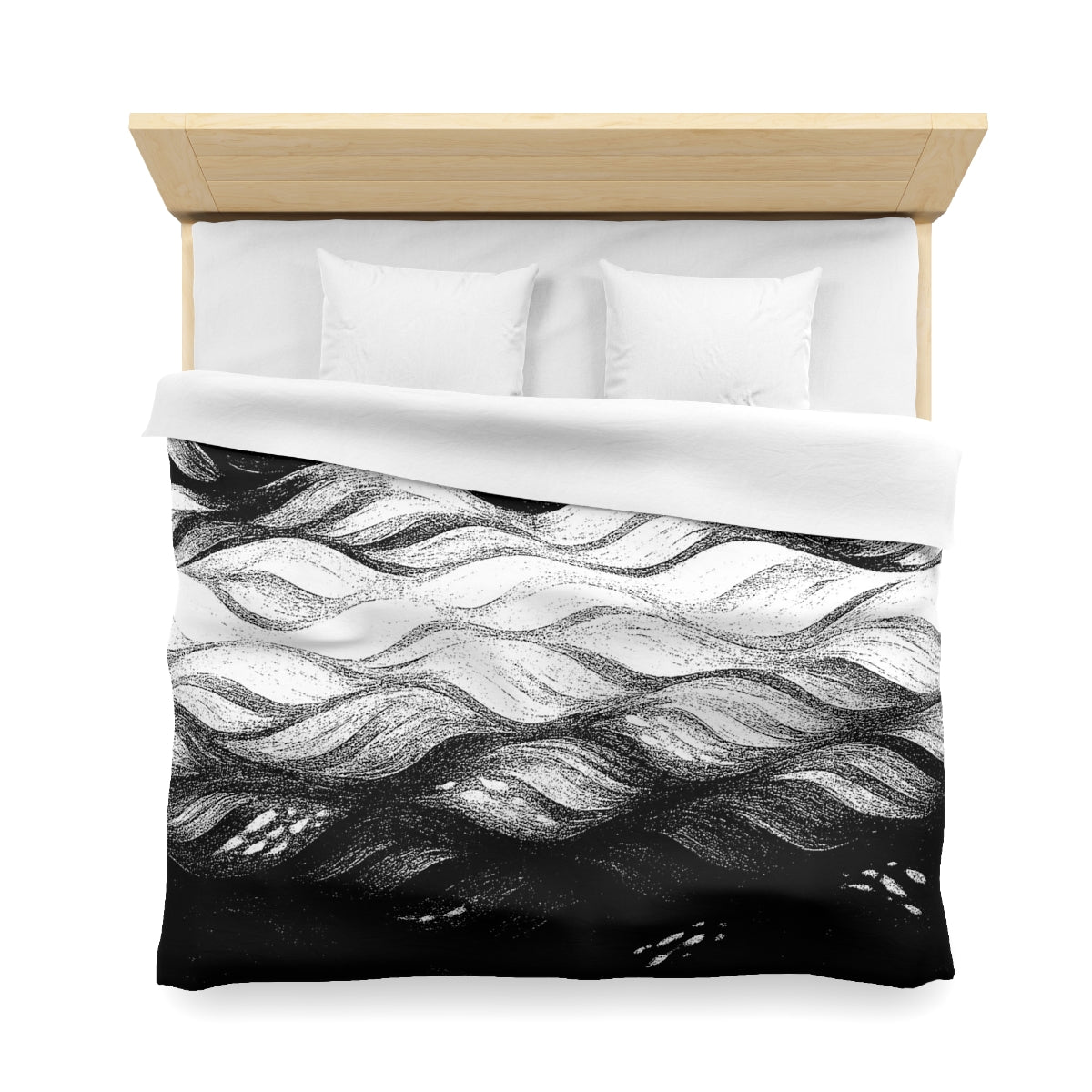 King size duvet cover in Black and White with white lining, featuring hand-drawn style waves in detailed monochrome