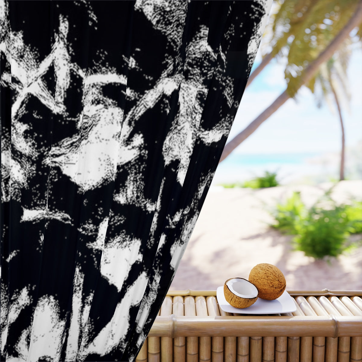 Close-up of stark black and white brush textures resembling abstract leaves on blackout fabric, emphasizing tonal sharpness and movement