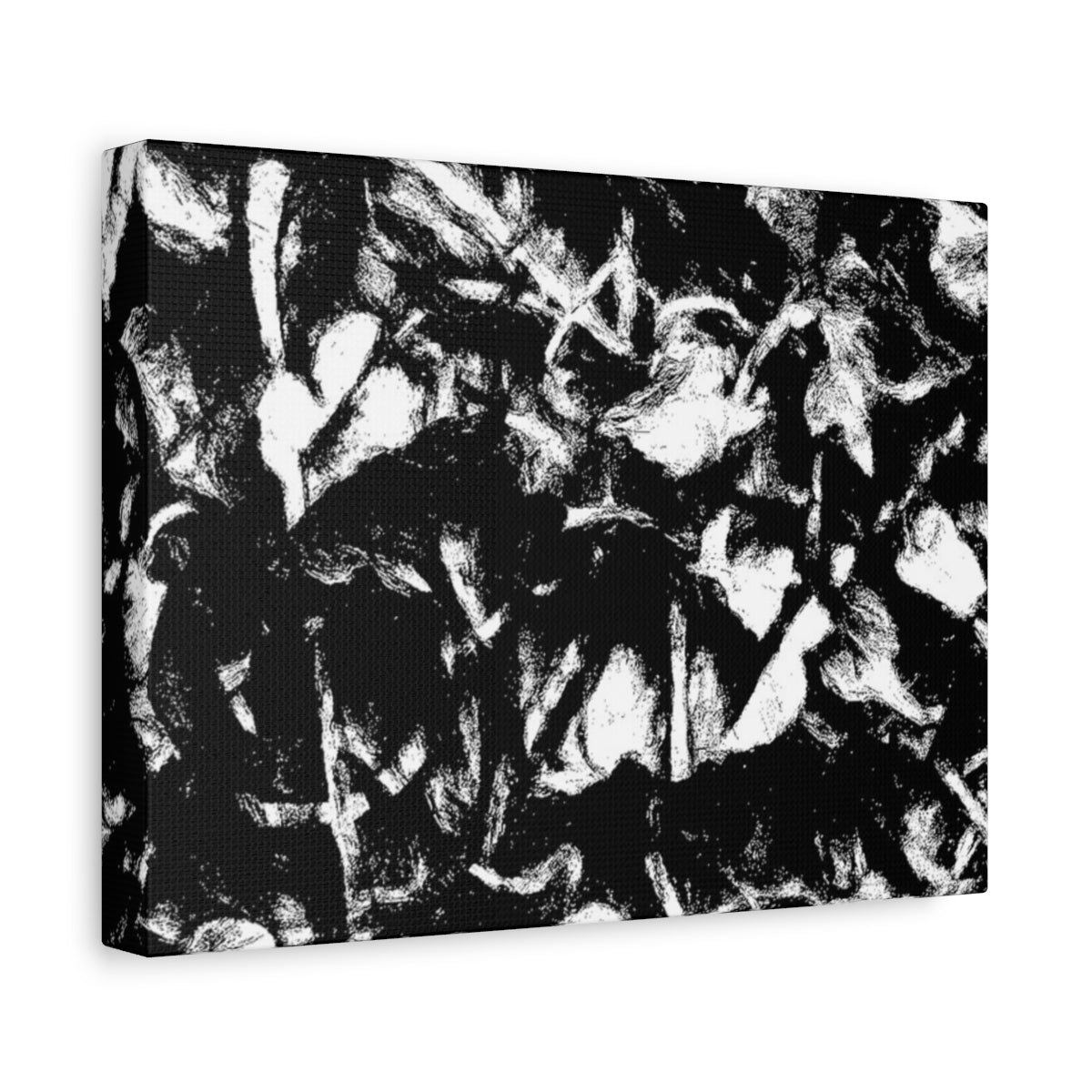 High-contrast black and white canvas of chaotic foliage and sketchlike forms, with a hidden clef embedded in the flow - angled view
