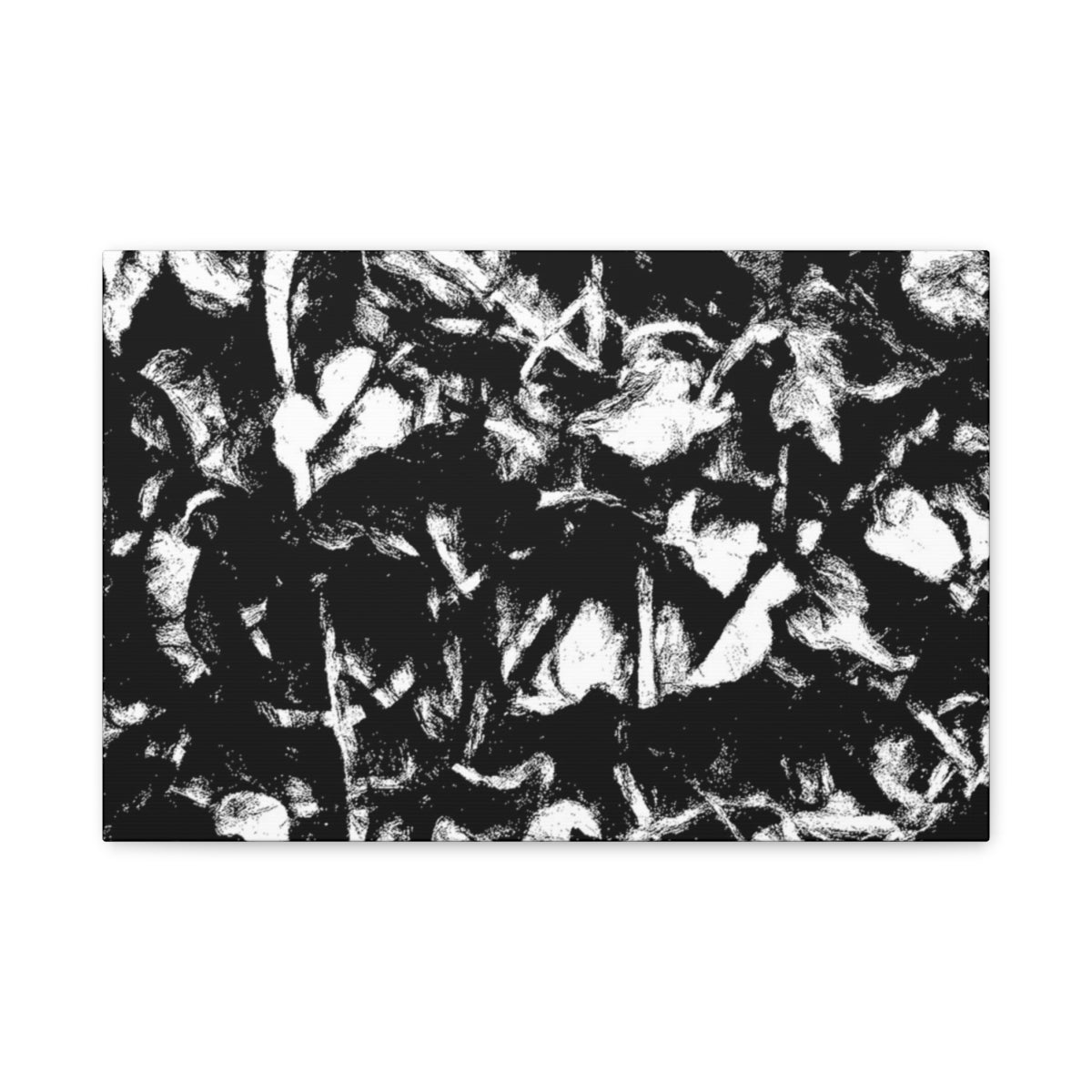 High-contrast black and white canvas of chaotic foliage and sketchlike forms, with a hidden clef embedded in the flow