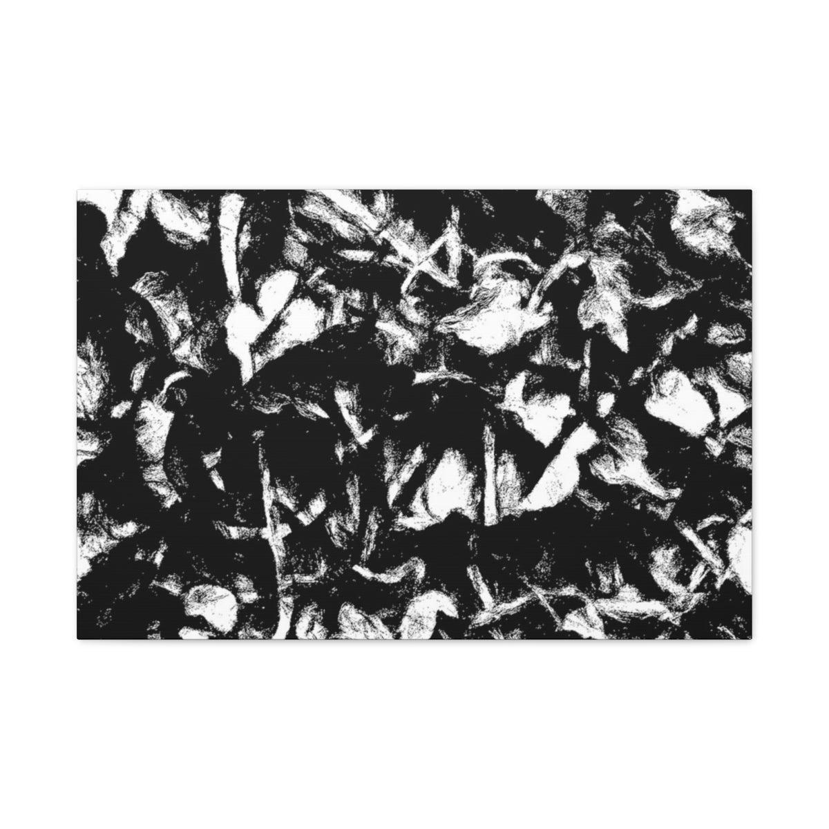 High-contrast black and white canvas of chaotic foliage and sketchlike forms, with a hidden clef embedded in the flow