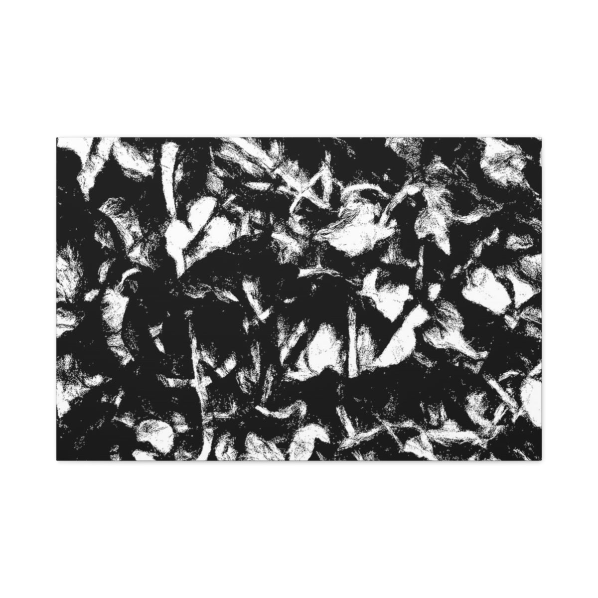 High-contrast black and white canvas of chaotic foliage and sketchlike forms, with a hidden clef embedded in the flow