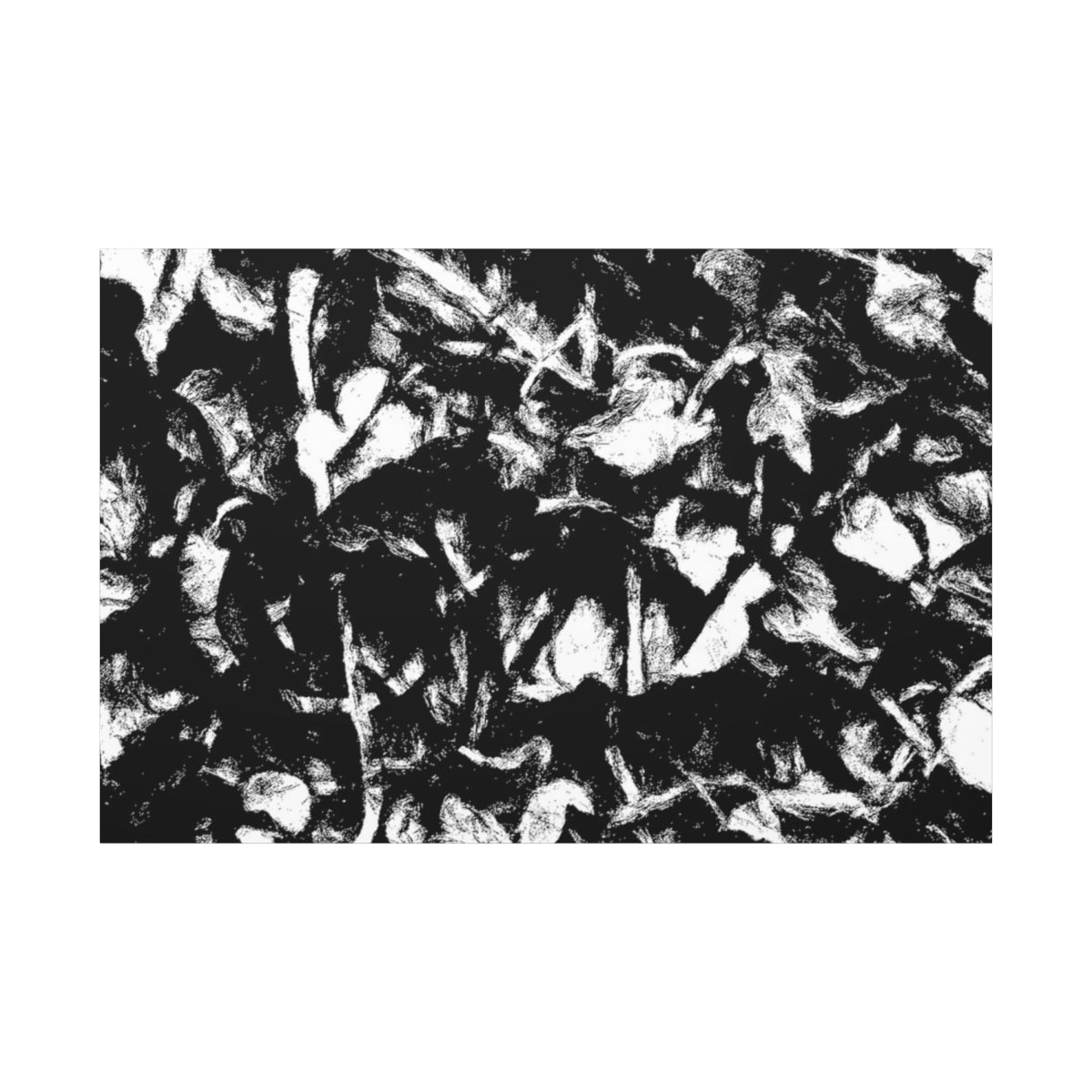 High-contrast black and white canvas of chaotic foliage and sketchlike forms, with a hidden clef embedded in the flow