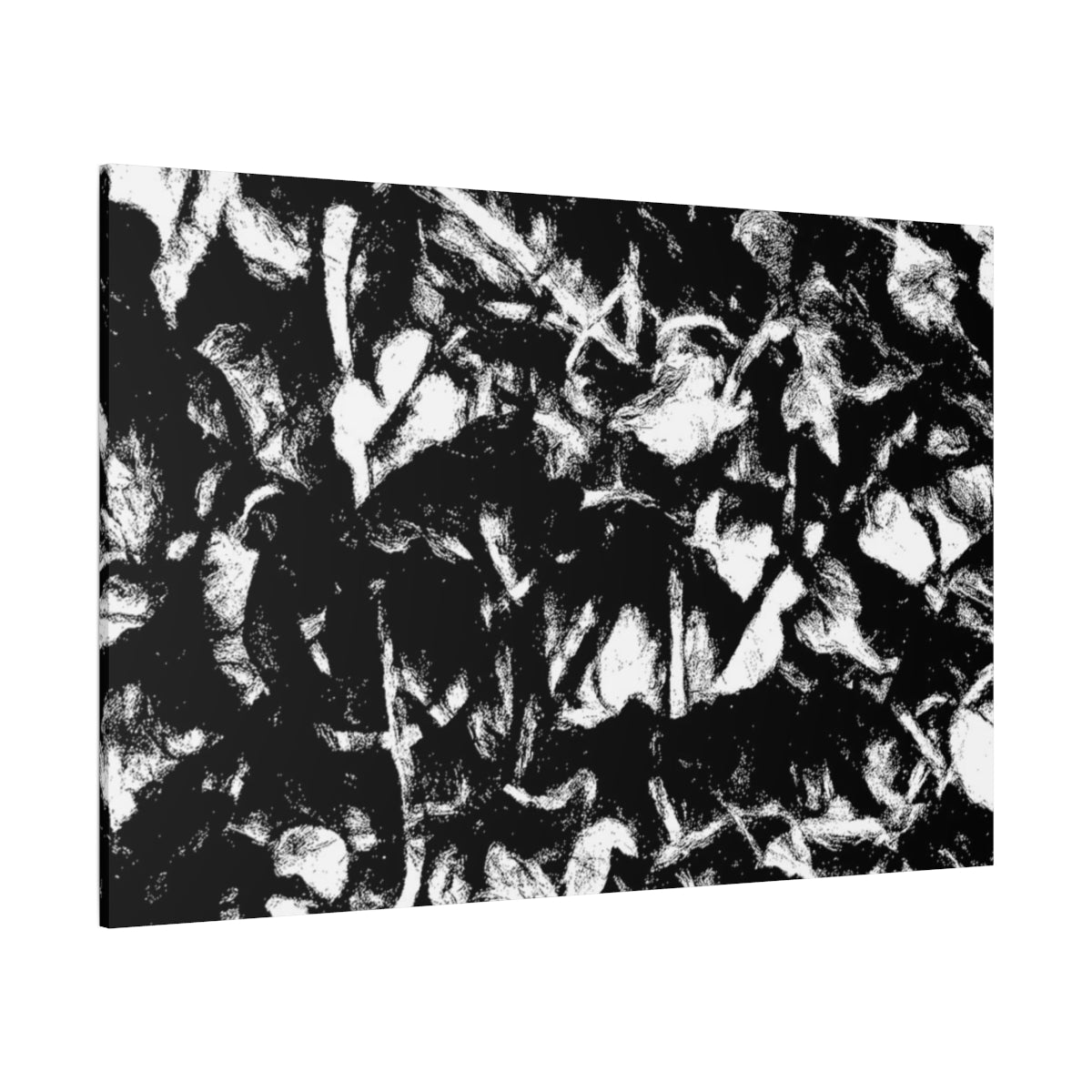 High-contrast black and white canvas of chaotic foliage and sketchlike forms, with a hidden clef embedded in the flow - angled view