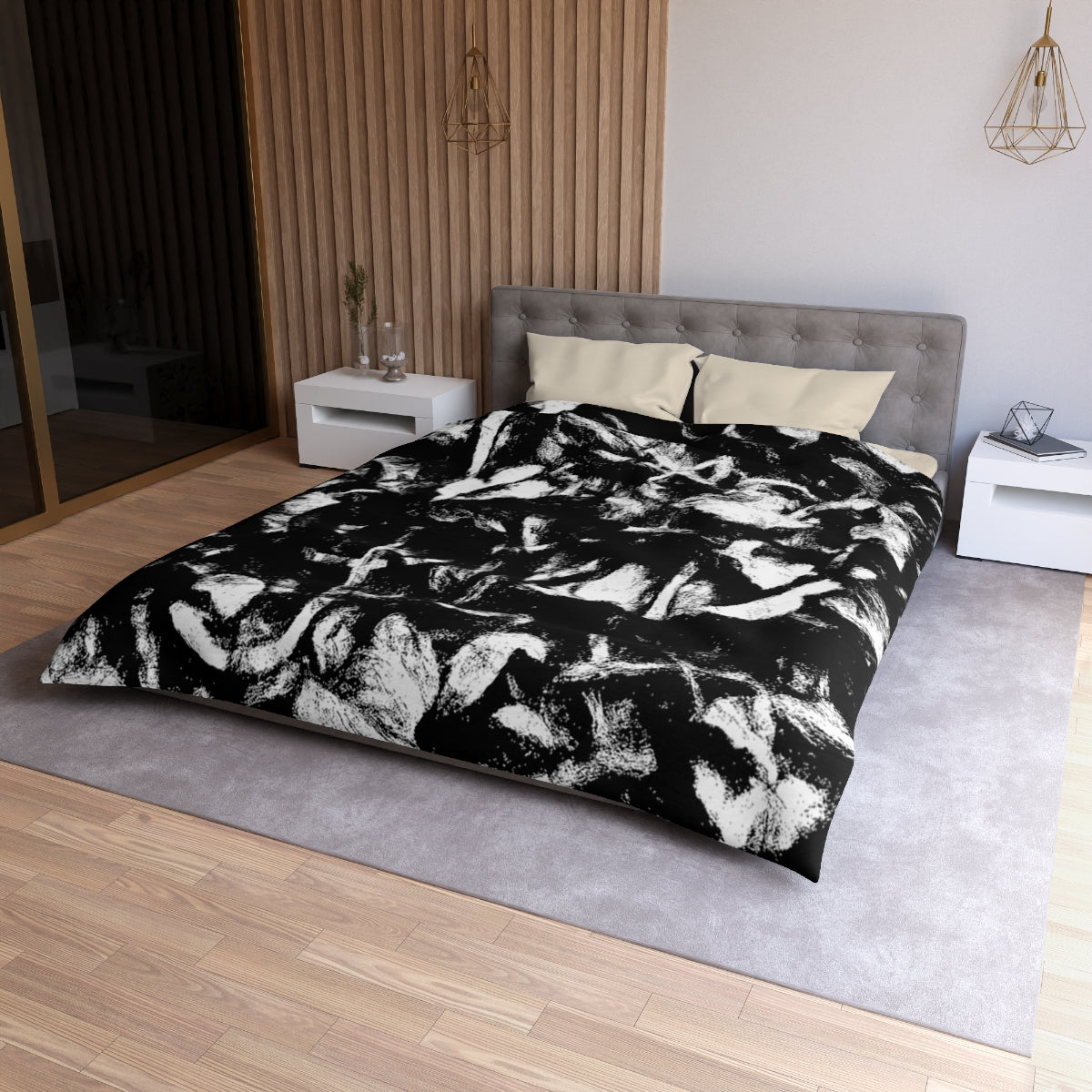 Queen size Black and White duvet cover with cream lining, expressive boho bedding in sharp black and white tones