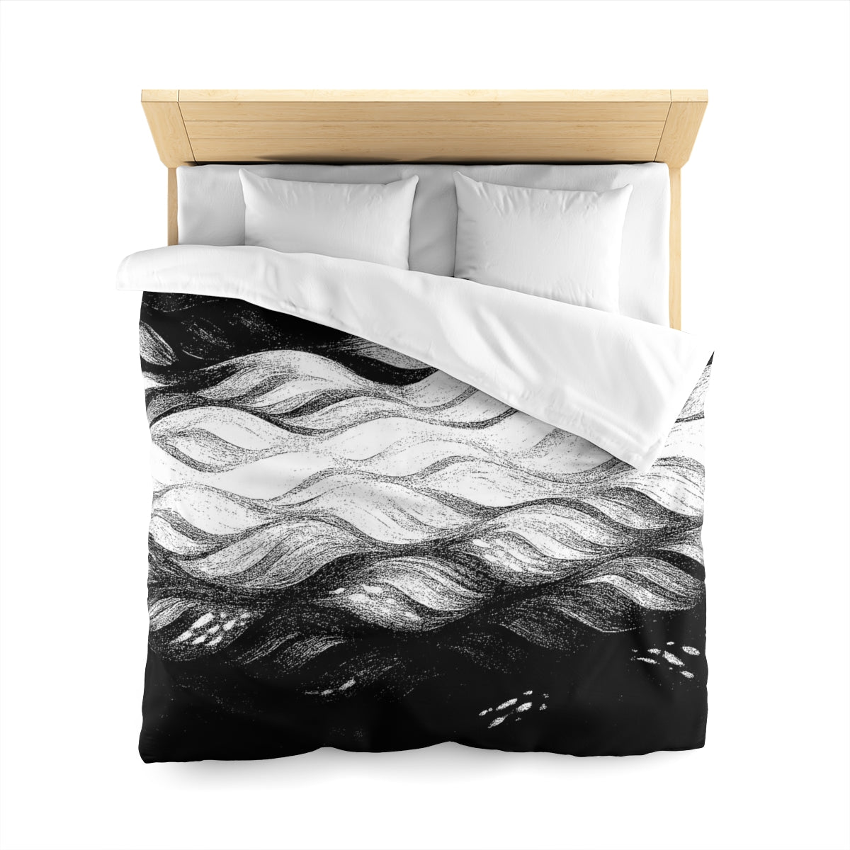 Queen size duvet cover in Black and White with white lining, marked by tonal black and white flow with soft speckling