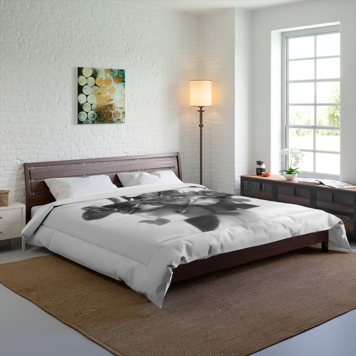 comforter featuring black and white photograph of roses