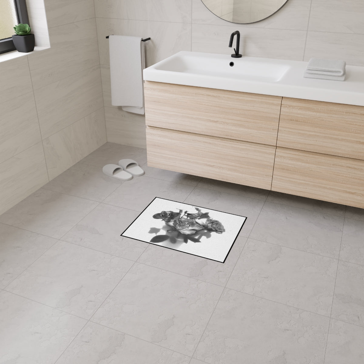 heavy duty floor mat featuring black and white roses size: 18''x24''