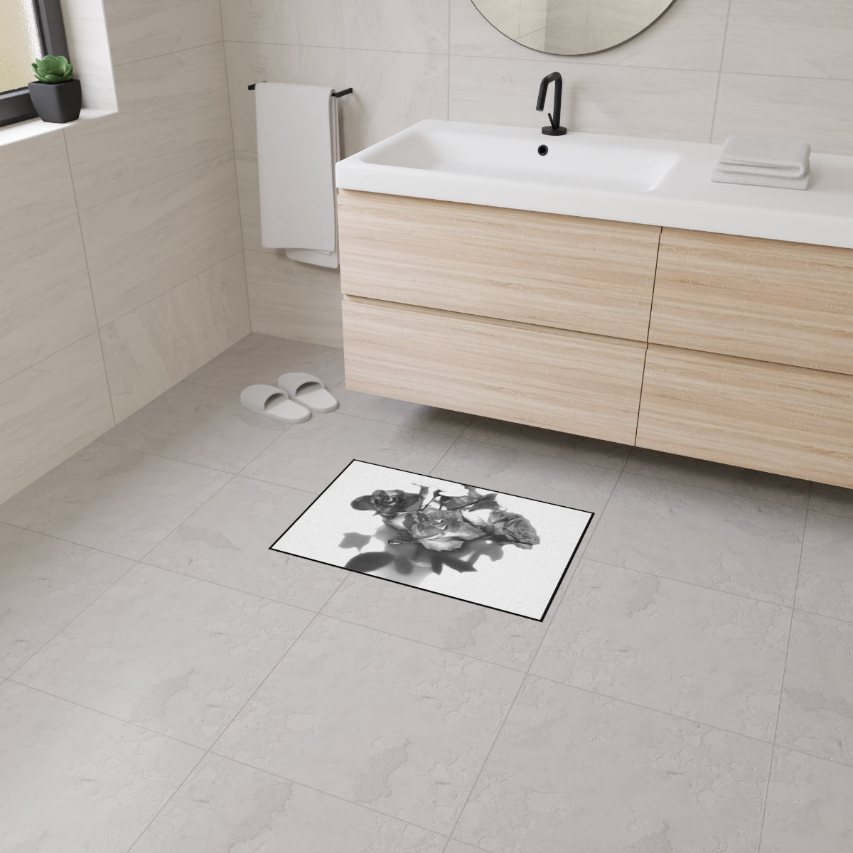 heavy duty floor mat featuring black and white roses size: 18''x27''