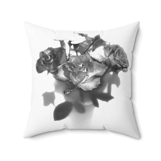black and white floral throw pillow with picture of roses