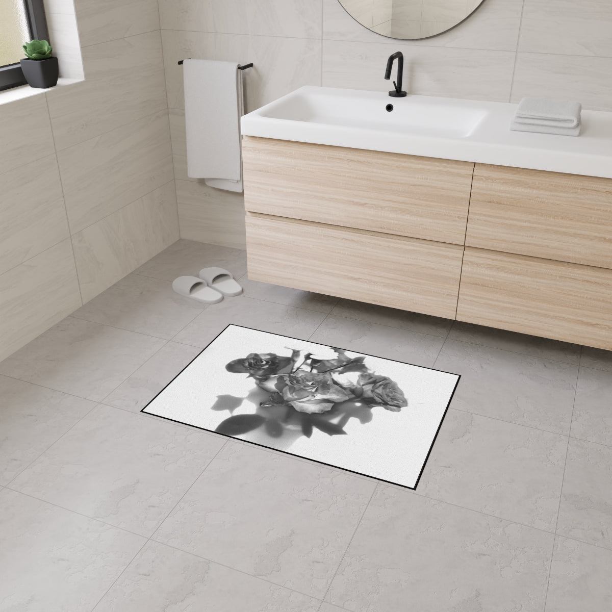 heavy duty floor mat featuring black and white roses size: 18''x36''