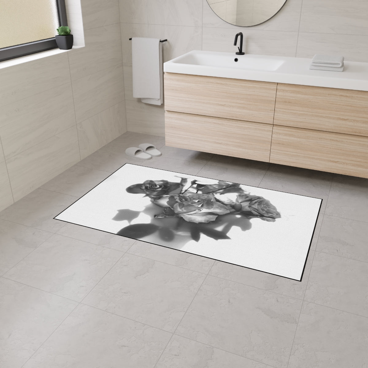 heavy duty floor mat featuring black and white roses size: 36''x60''