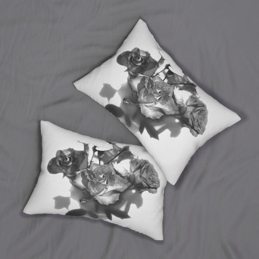 lumbar pillow featuring photograph of black and white roses
