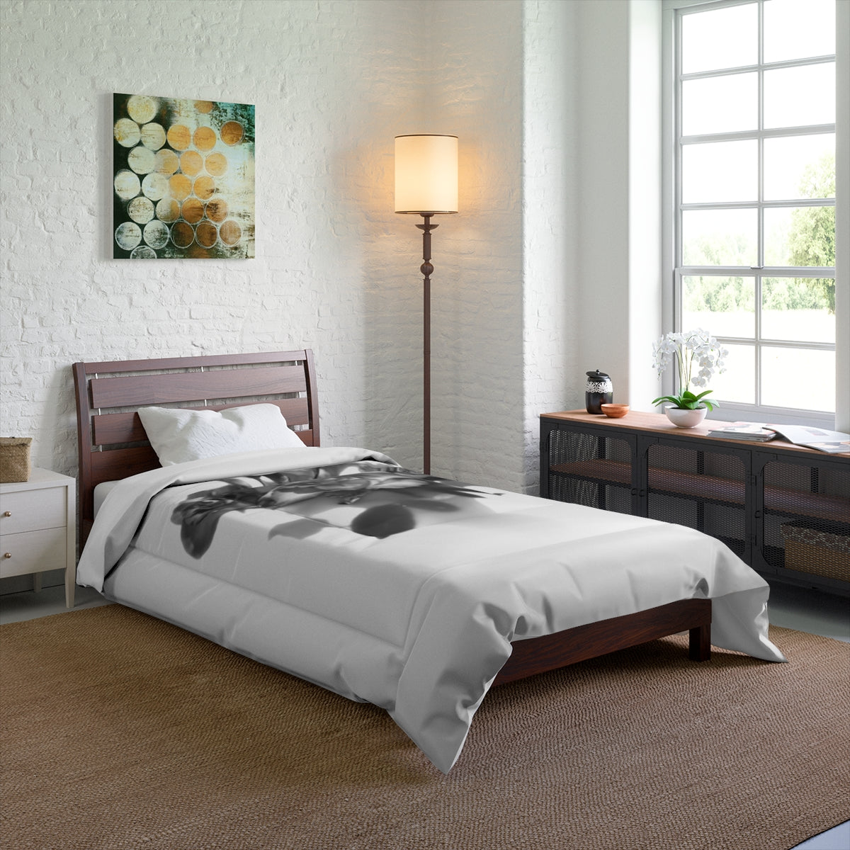 comforter featuring black and white photograph of roses