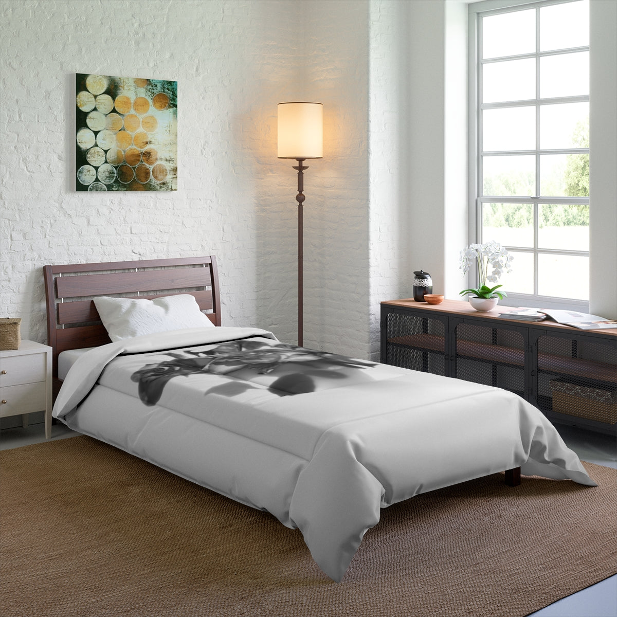 comforter featuring black and white photograph of roses