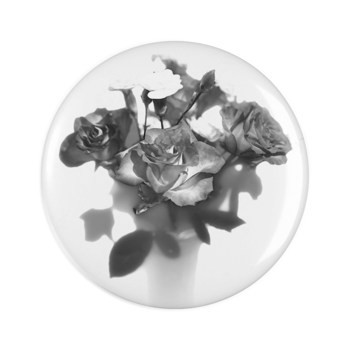 round floral fridge magnet featuring black and white photo of roses size: 2.25'' 5.7cm