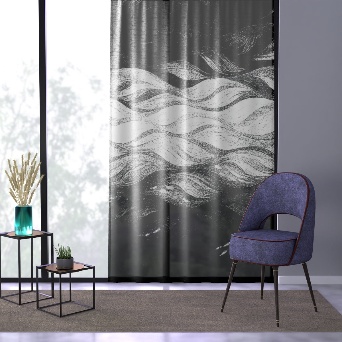 A sheer curtain of charcoal and ivory waves, the monochrome design evoking chalk-sketched movement, draped in front of a bright window; a modern chair and small glass vase with pampas grass rest nearby
