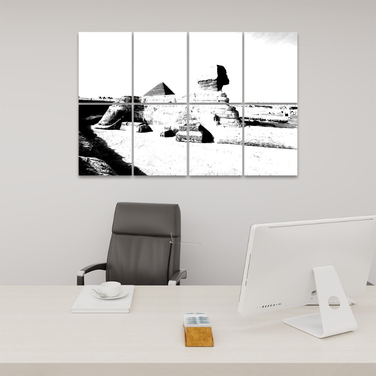 Black and white version of the Sphinx in profile with the Pyramid of Khufu behind it, rendered across 8 acoustic panels with high contrast.