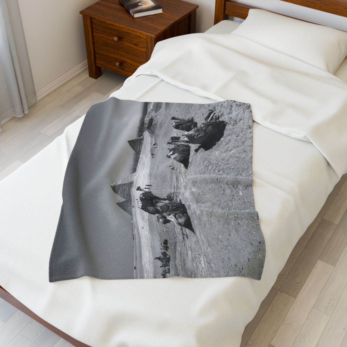 black and white throw blanket featuring camels, Deseret, and Pyramids of Giza