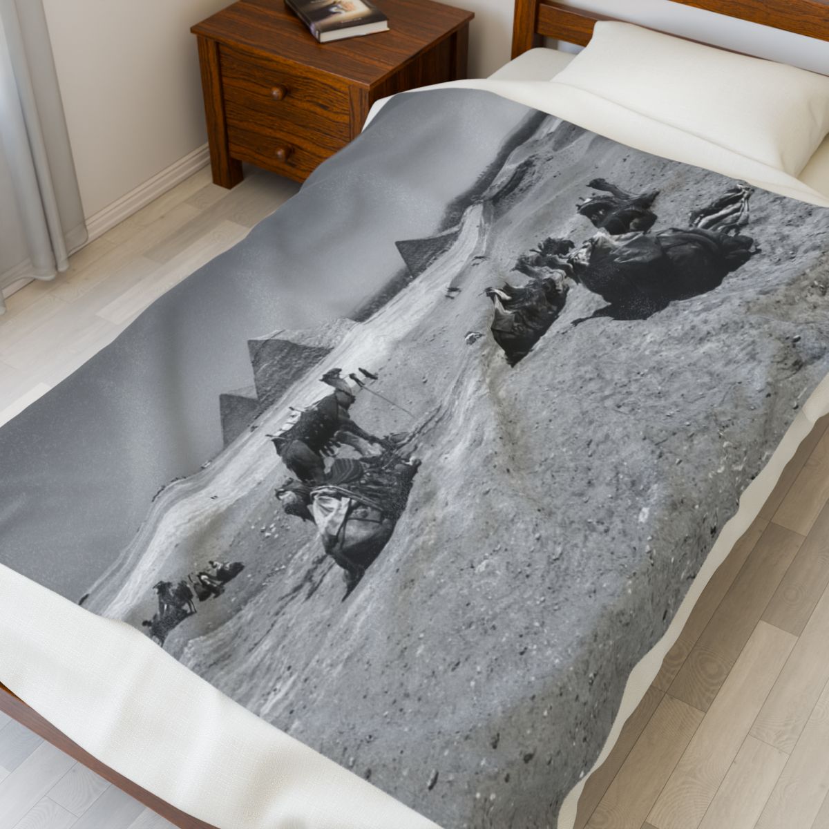 black and white throw blanket featuring camels, Deseret, and Pyramids of Giza