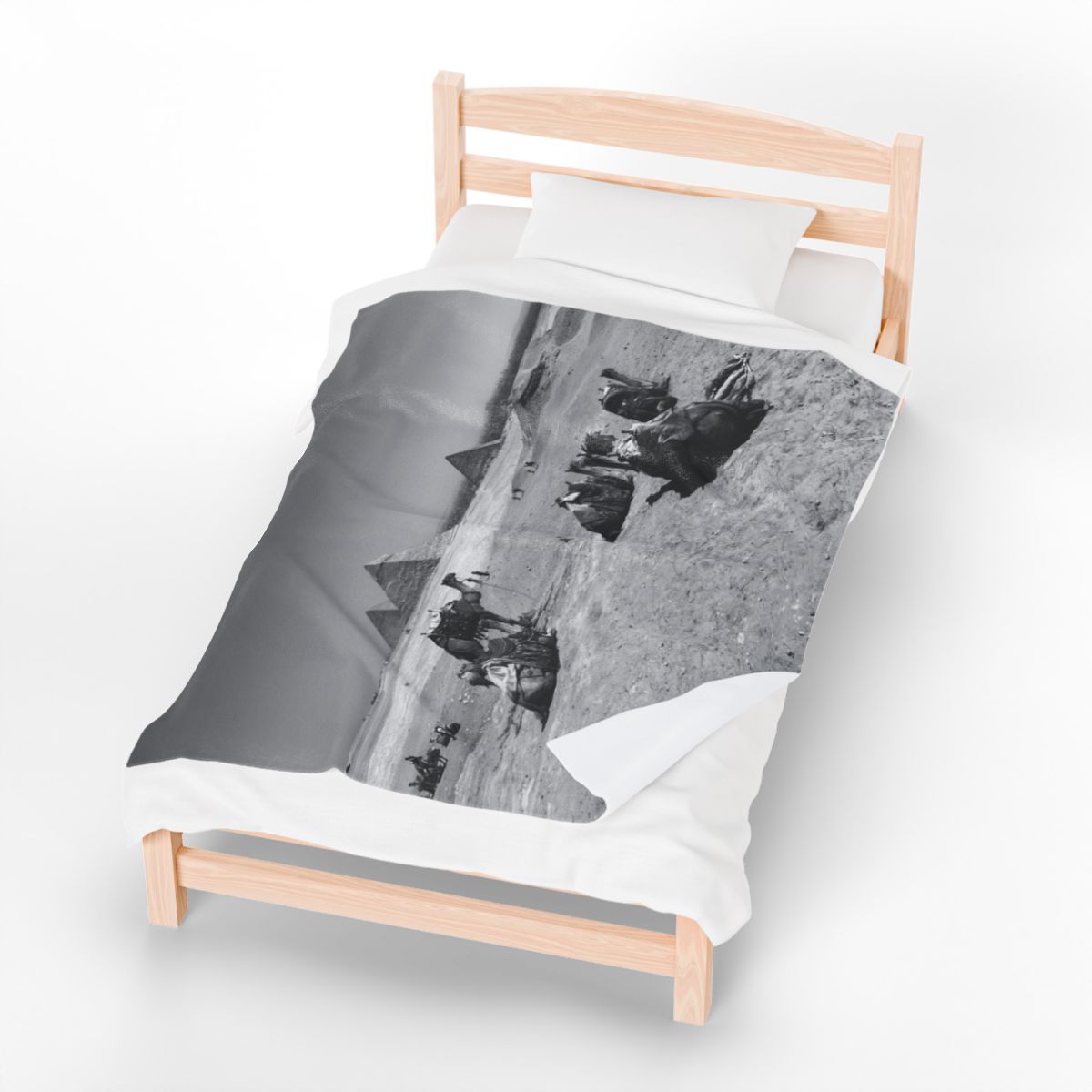 black and white throw blanket featuring camels, Deseret, and Pyramids of Giza