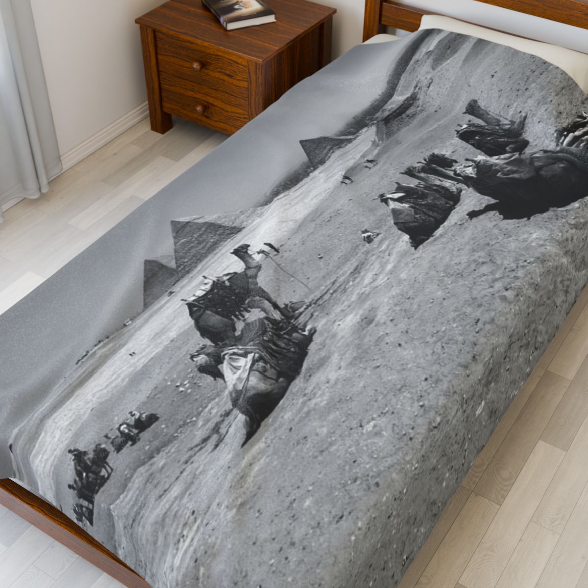 black and white throw blanket featuring camels, Deseret, and Pyramids of Giza