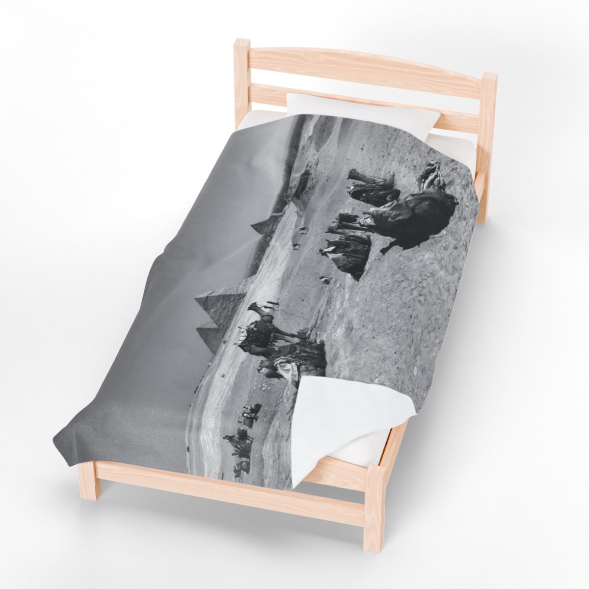 black and white throw blanket featuring camels, Deseret, and Pyramids of Giza