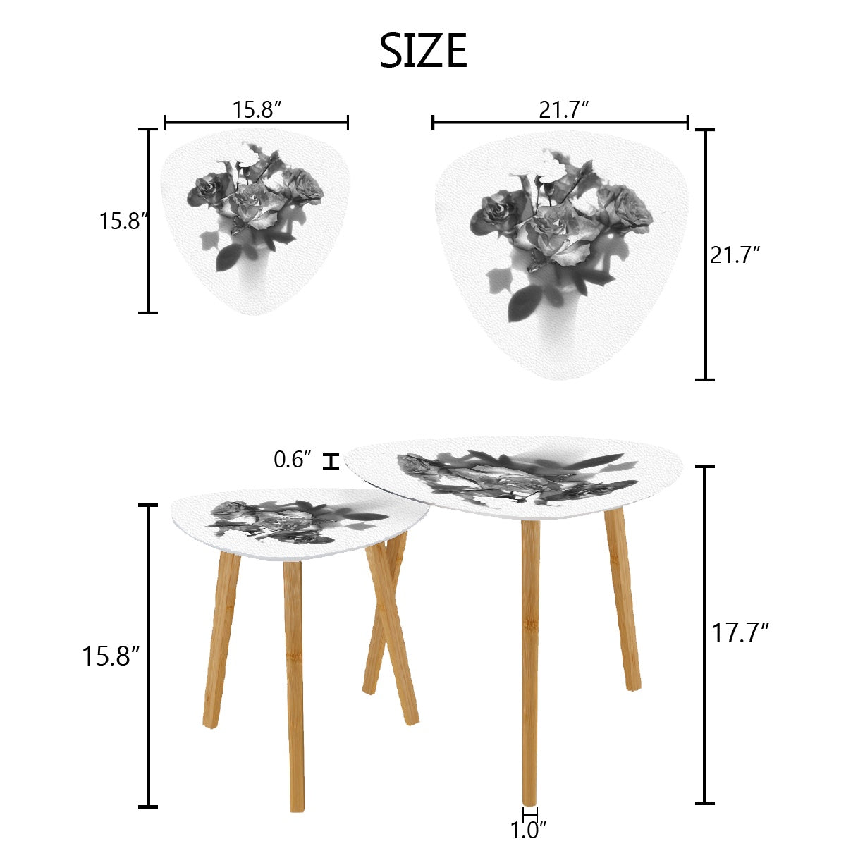 set of 2 black and white triangular coffee tables featuring bouquet of roses