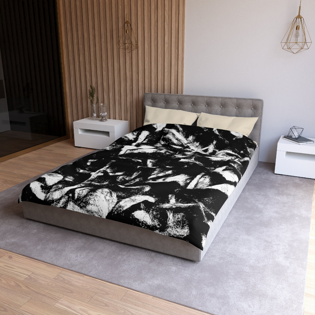 Twin size Black and White duvet cover with cream lining, featuring bold abstract leaf pattern in high-contrast monochrome