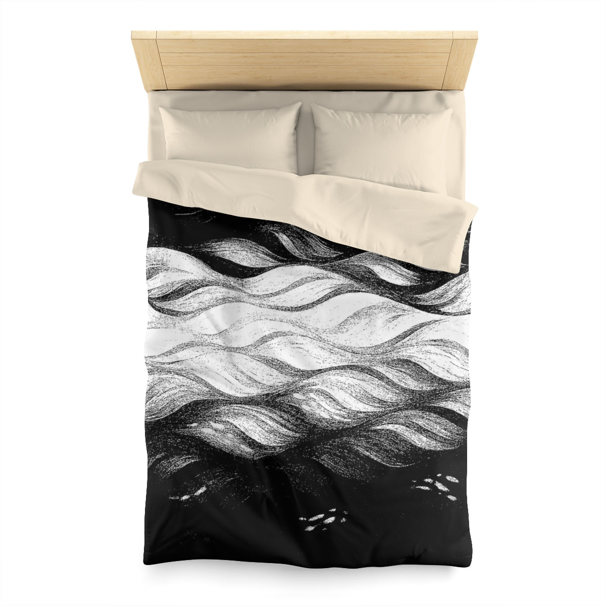 Twin size duvet cover in Black and White with cream lining, illustrating monochrome movement with soft wave textures