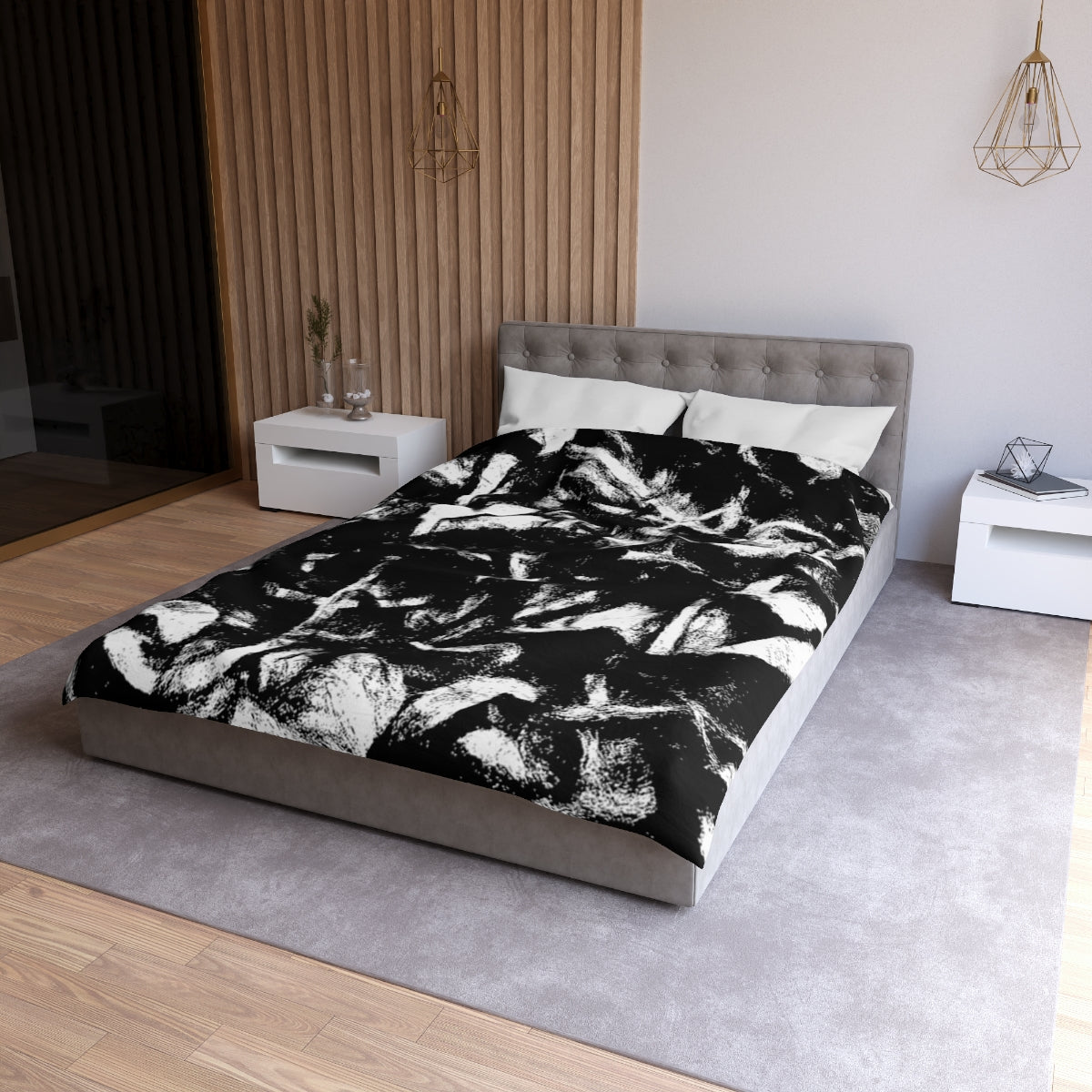 Twin size Black and White duvet cover with white lining, featuring bold abstract leaf pattern in high-contrast monochrome