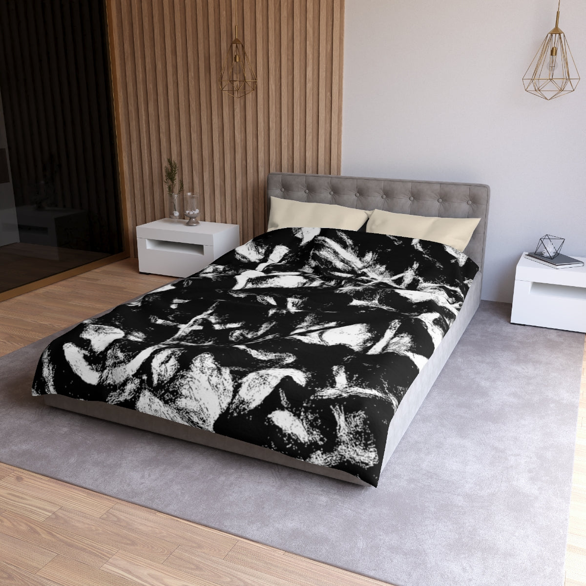 Twin XL size Black and White duvet cover with cream lining, layered black and white leaf shapes with textured painterly feel