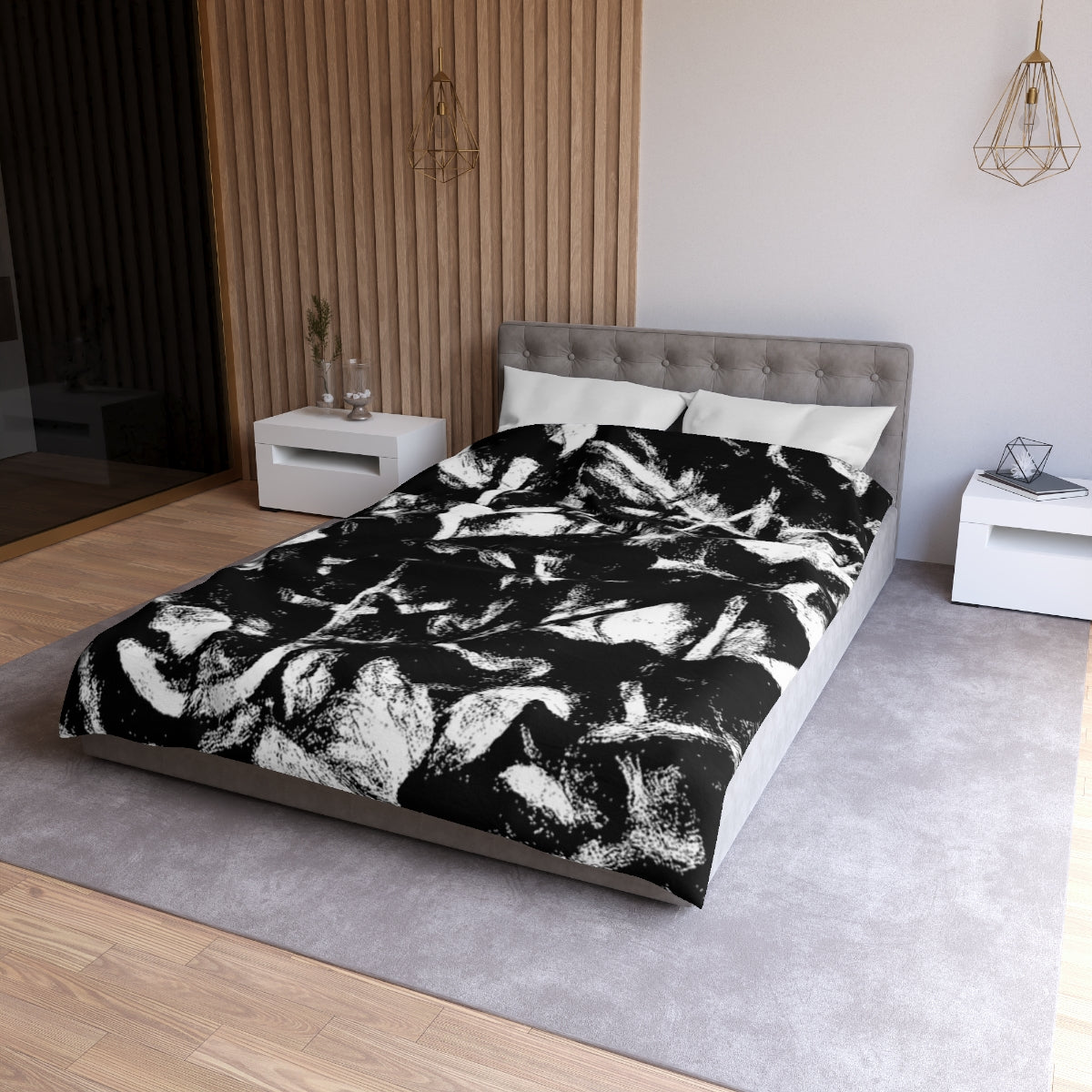 Twin XL size Black and White duvet cover with white lining, layered black and white leaf shapes with textured painterly feel