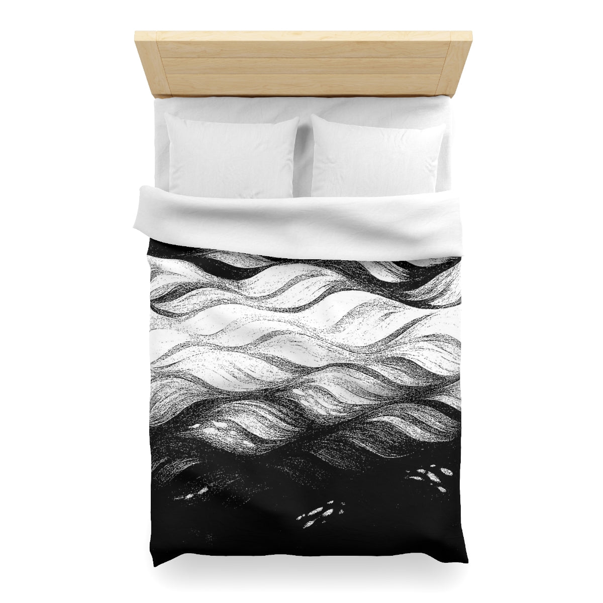 Twin XL size duvet cover in Black and White with white lining, featuring dynamic grayscale currents in brushed style