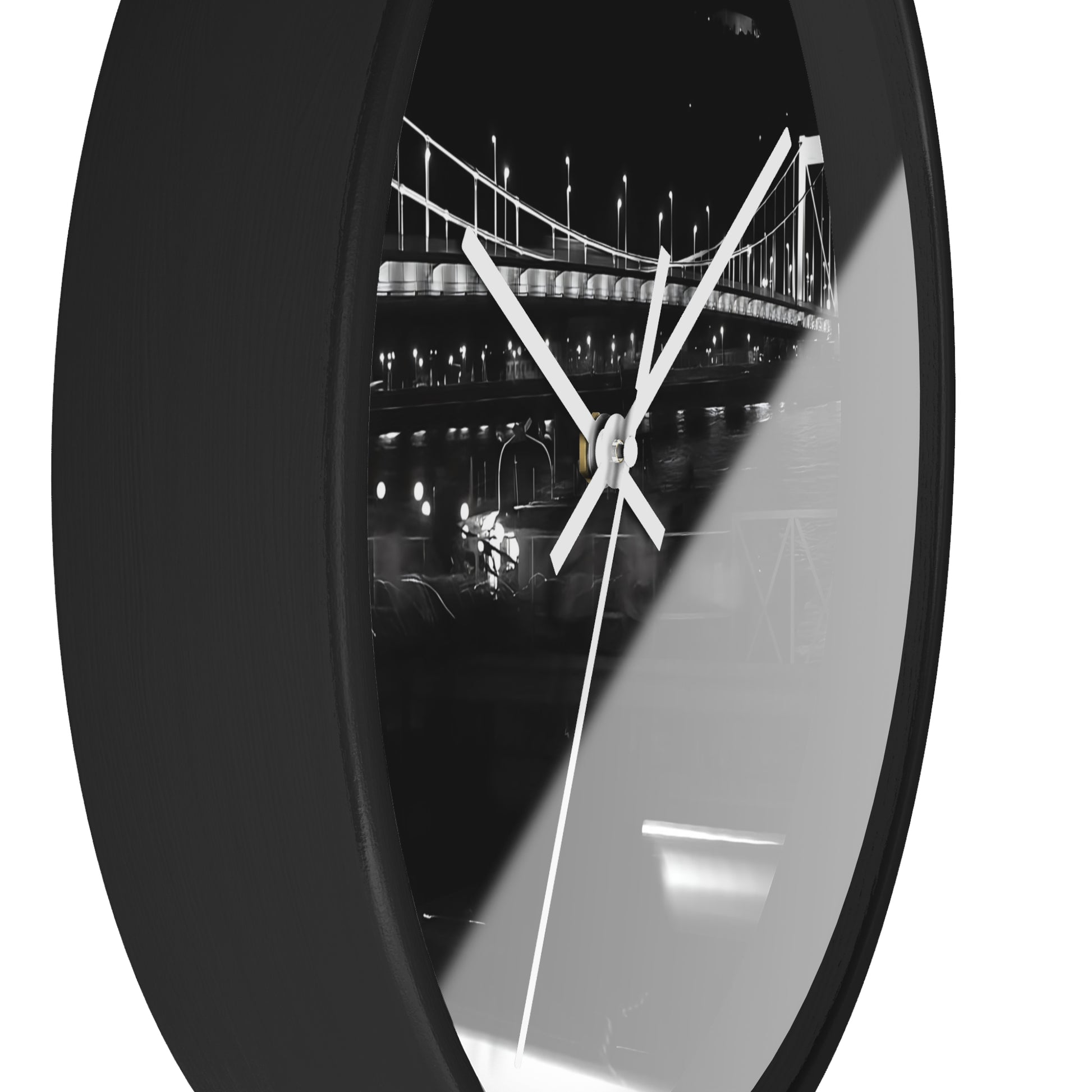 black and white wall clock featuring Budapest by night, bridge over Danube river, and Citadel, base: black: black, handles: white, size: 10''