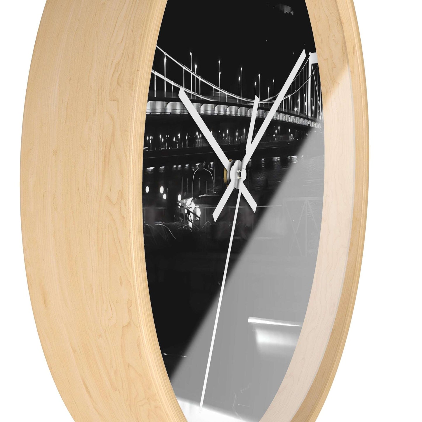 black and white wall clock featuring Budapest by night, bridge over Danube river, and Citadel, base: wooden: white, handles: white, size: 10''