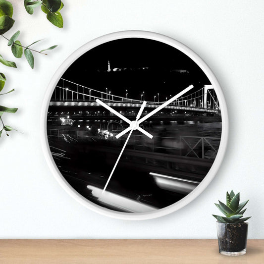 black and white wall clock featuring Budapest by night, bridge over Danube river, and Citadel, base: white: white, handles: white, size: 10''