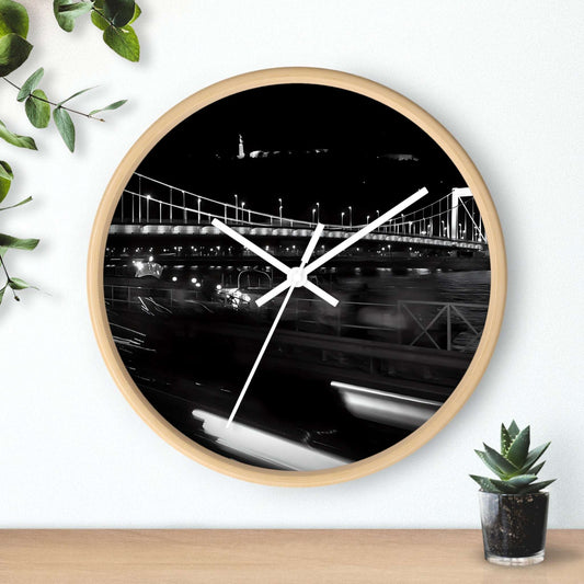 black and white wall clock featuring Budapest by night, bridge over Danube river, and Citadel, base: black: wooden, handles: white, size: 10''