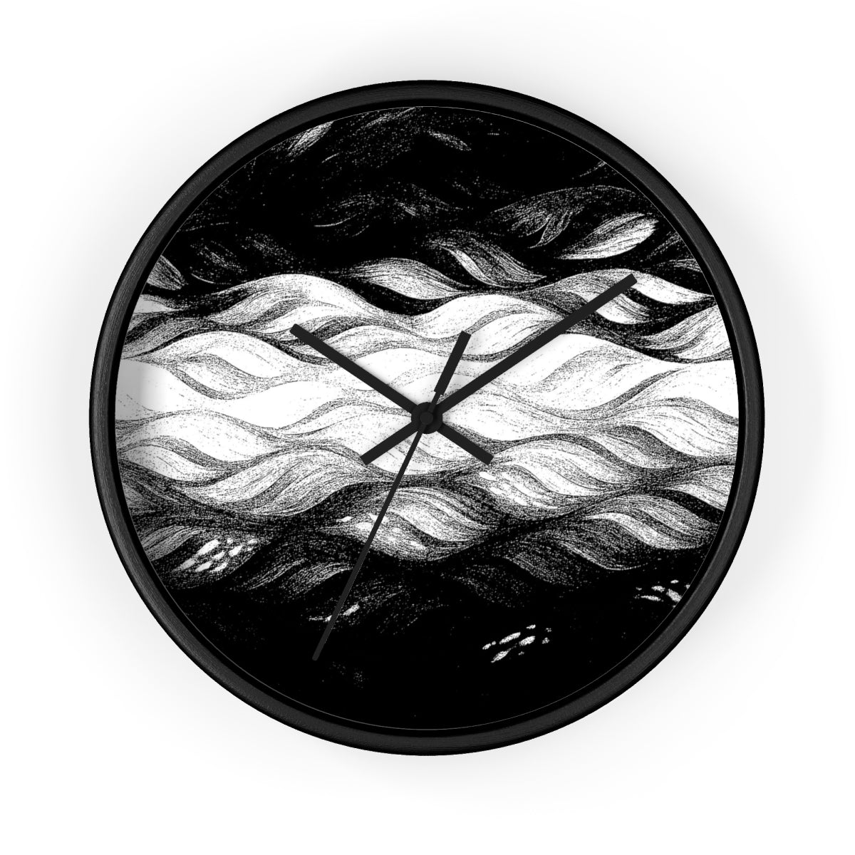 Round wooden wall clock with a painted black frame, black hour/minute/second hands, and a plexiglass face printed in a black-and-white high-contrast wave design