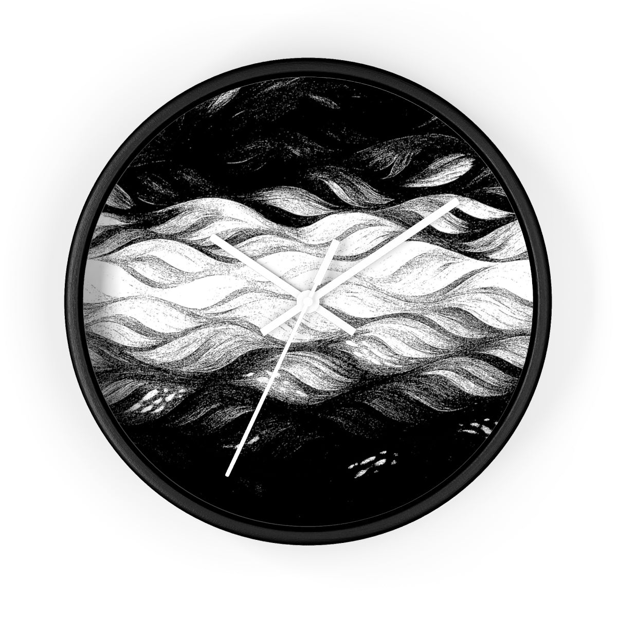 Round wooden clock featuring a painted black frame, white hour/minute/second hands, and a plexiglass face showing stark black-and-white undulating wave illustration