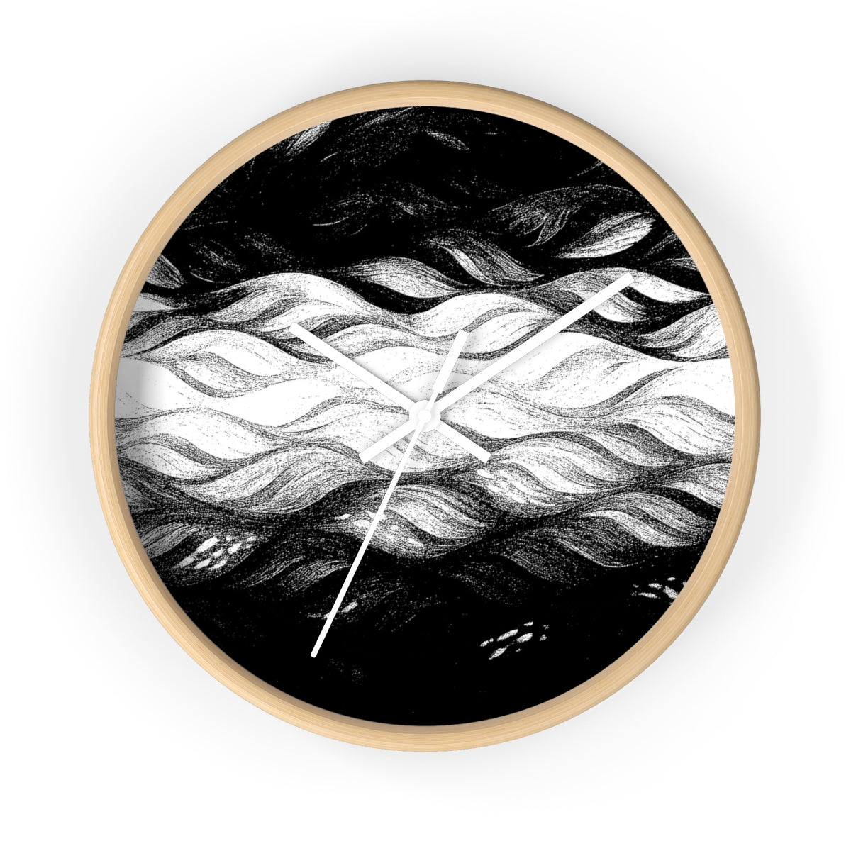 Round wooden clock in a natural maple frame, white hour/minute/second hands, and a plexiglass face showing high-contrast black-and-white wave patterns