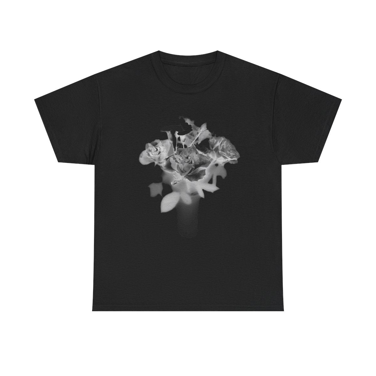 floral gildan 5000 cotton heavy t-shirt featuring black and white roses