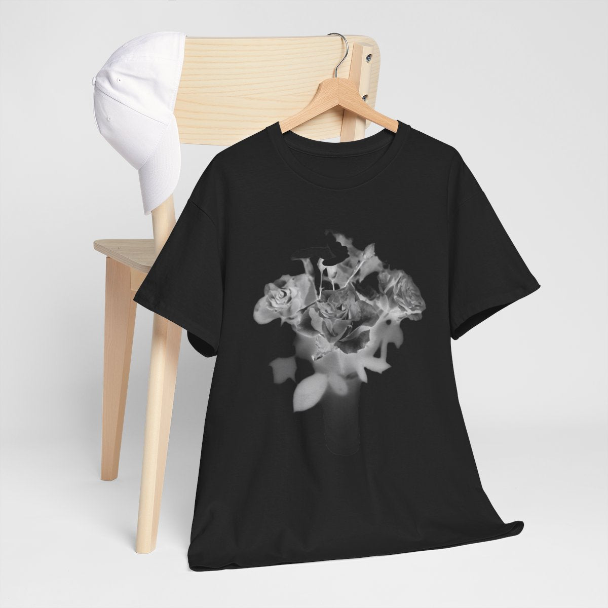 floral gildan 5000 cotton heavy t-shirt featuring black and white roses