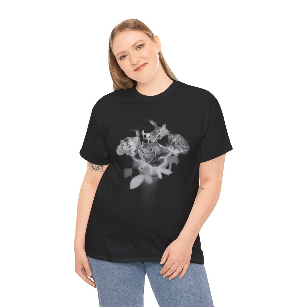 floral gildan 5000 cotton heavy t-shirt featuring black and white roses