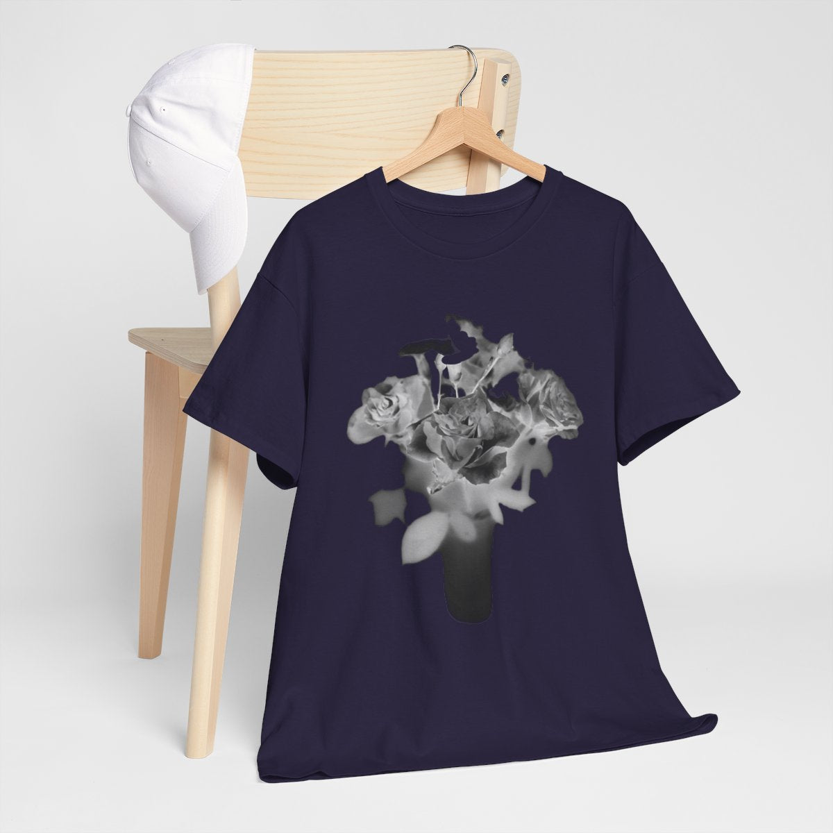 floral gildan 5000 cotton heavy t-shirt featuring black and white roses